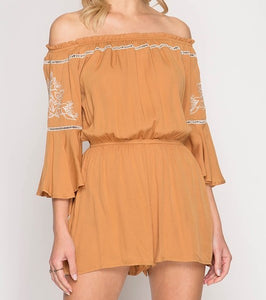 Camel Floral Embroidery Detail Romper