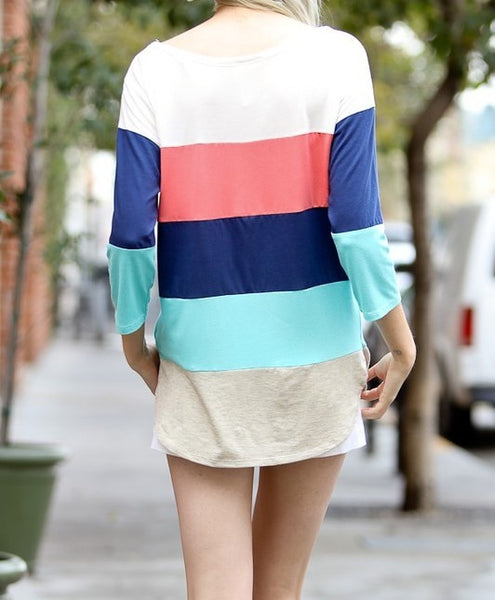 Striped 3/4 Sleeve Colorblock Top